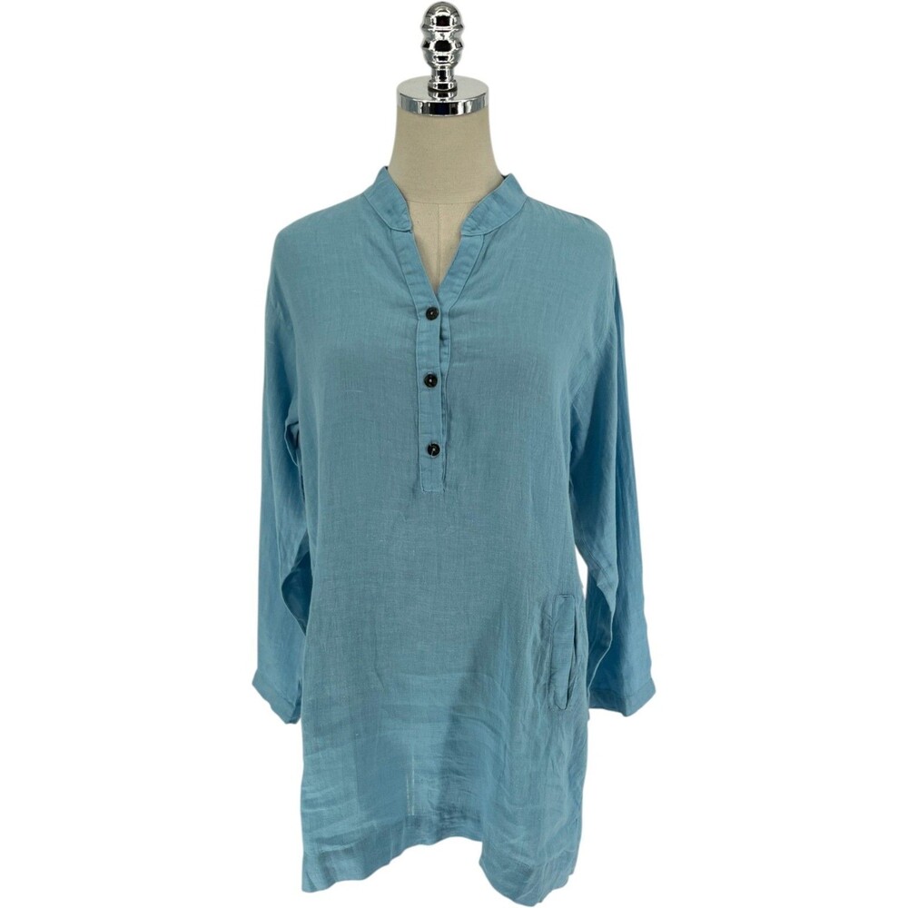 California Threads Tunic Top Women's Size Small Linen Blue Solid Coastal